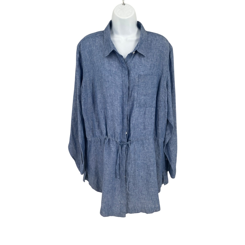 L.L. Bean Tunic Shirt‎ Women XL P Blue Chambray Linen Drawstring Coastal Travel